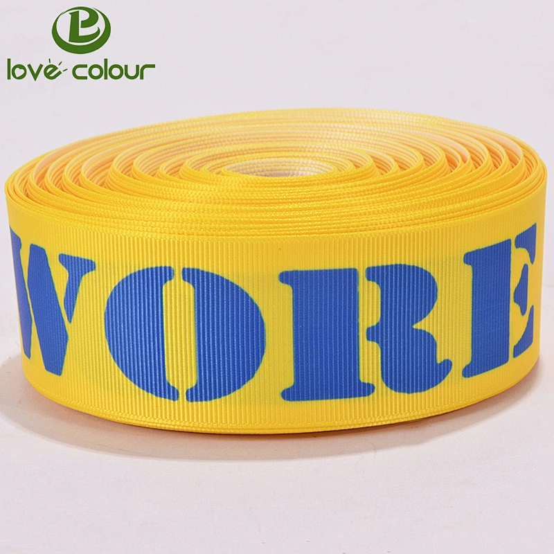 New design polyester yellow color print your own logo 75mm grosgrain ribbon
