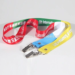 Popular hot sell fabric sublimated neck lanyard with two metal square clip for ID card