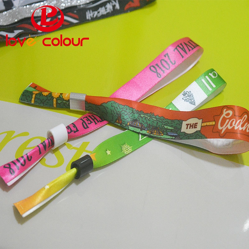 Custom polyester satin ribbon wristband bracelet with barrel plastic lock