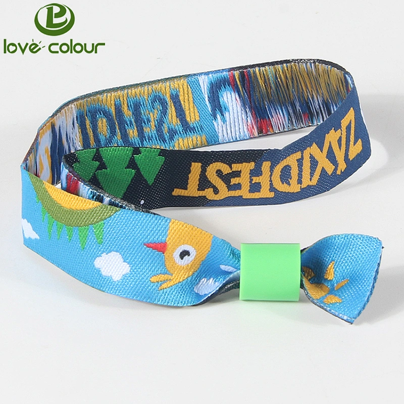 Plastic lock polyester textile woven festival event custom cloth wristband