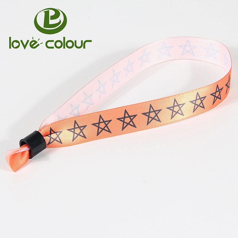 Decoration use printing satin ribbon wristband with barrel plastic lock