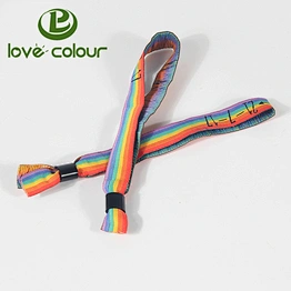 Factory promotion rainbow polyester fabric wristband bracelet with one-off plastic lock