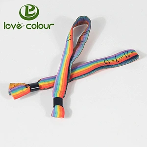 Factory promotion rainbow polyester fabric wristband bracelet with one-off plastic lock