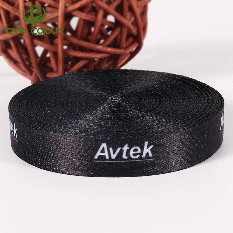 Polyester custom black ribbon heat transfer printed white logo