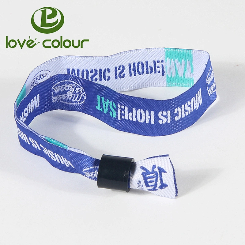 Polyester material fabric wristband with a 1 way black plastic lock