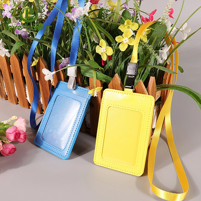Double side PU leather ID card case / holder with lanyard for meeting