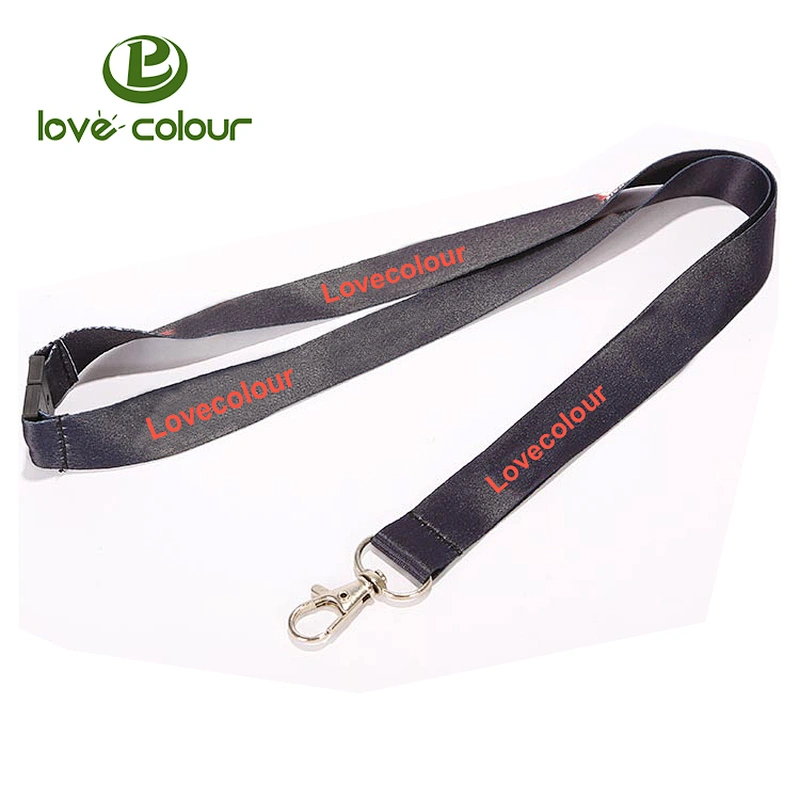 Custom Heat transfer printing polyester black ribbon lanyard strap