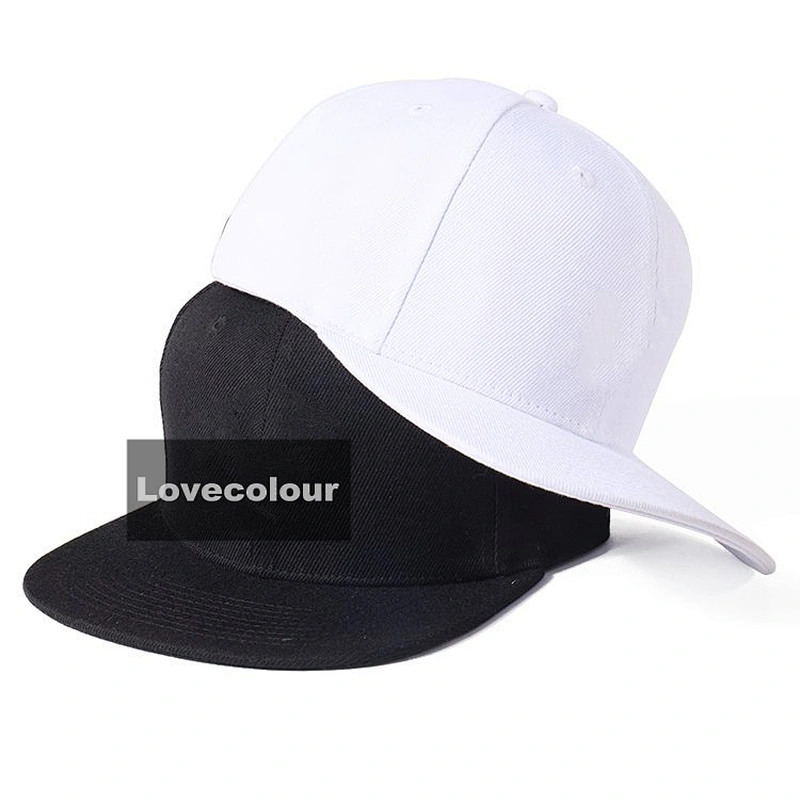 Custom Logo Flat Bill 6 Panels Black Snapback Caps White Embroidery Snapback Hats