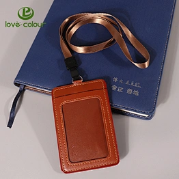 Custom school brown color pu leather card holder with lanyard strap for student and teacher
