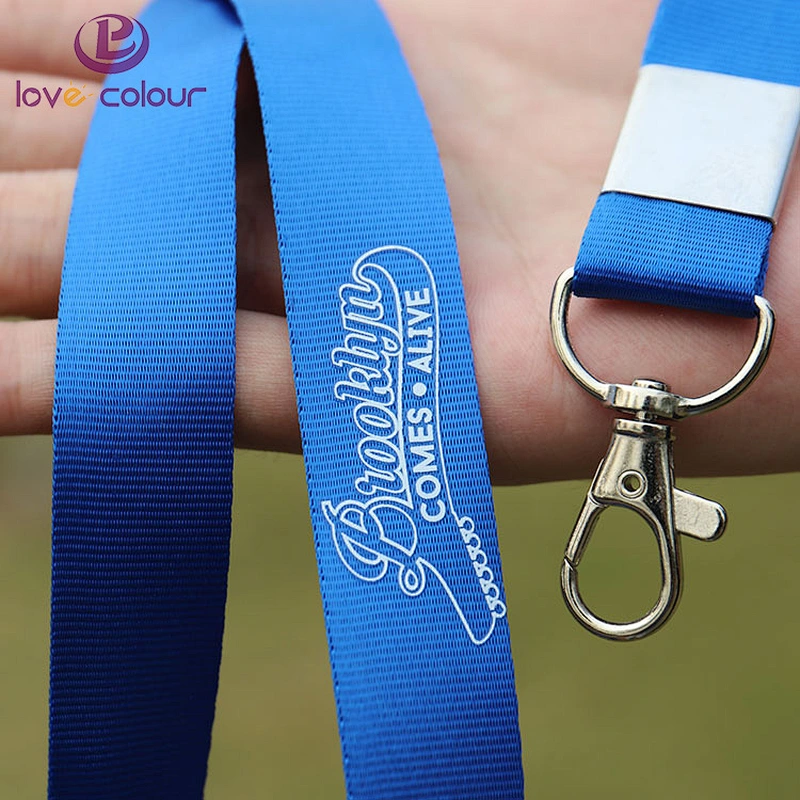 Custom polyester ID lanyard sling Blue color with company name on the sling