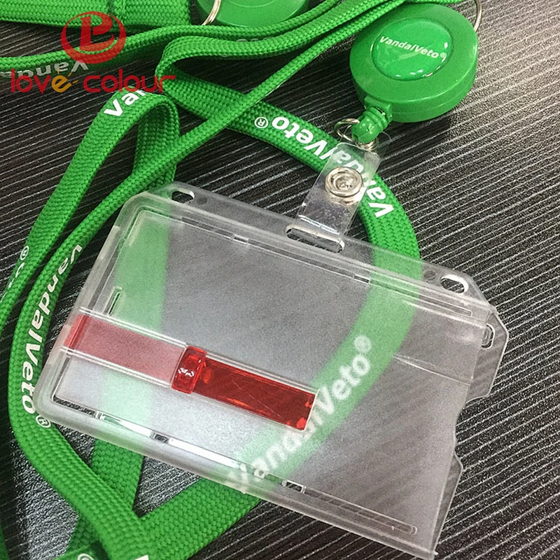Polyester green color printing your logo lanyard with snap clip retractable ID reel