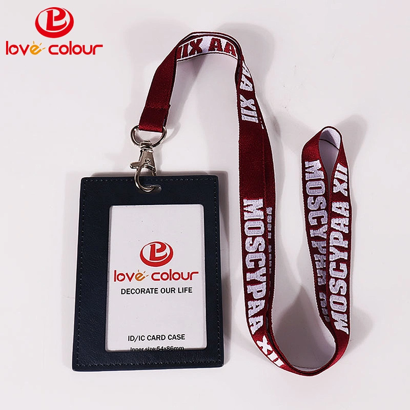 Promotional Custom Polyester Woven Logo Lanyard With PU Sleeve ID Card Holder