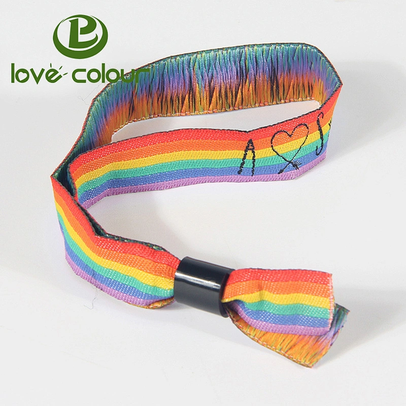 Factory promotion rainbow polyester fabric wristband bracelet with one-off plastic lock