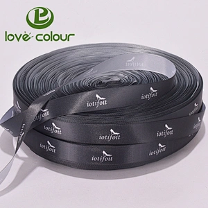 Custom polyester black satin ribbons with logo printed in white