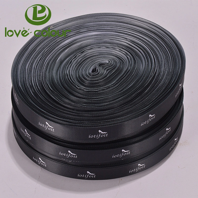 Custom polyester satin black ribbon With white writing