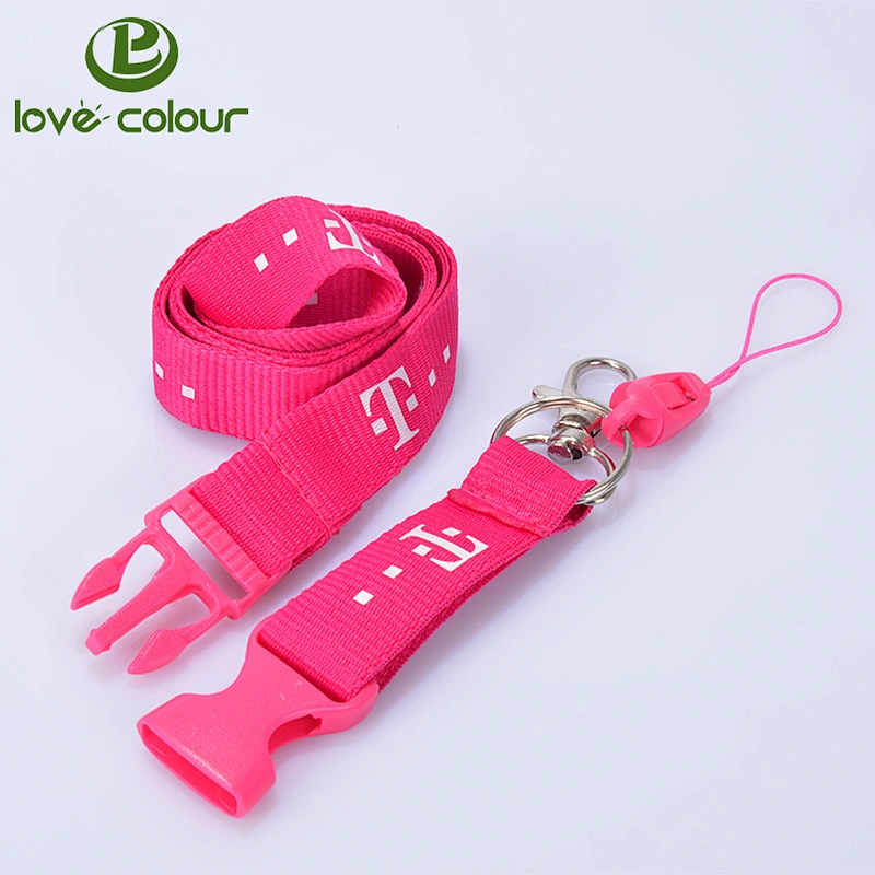 Polyester ribbon pink color girls neck lanyard for mobile phone