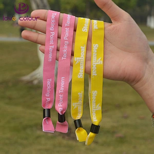 Custom brand one time use barrel lock woven fabric wristband polyester bracelet
