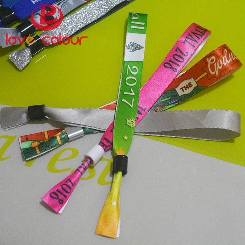 Custom polyester satin ribbon wristband bracelet with barrel plastic lock