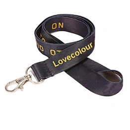 Lovecolour custom polyester material black sublimated lanyard strap with golden printing letter logo