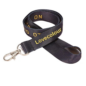 Lovecolour custom polyester material black sublimated lanyard strap with golden printing letter logo