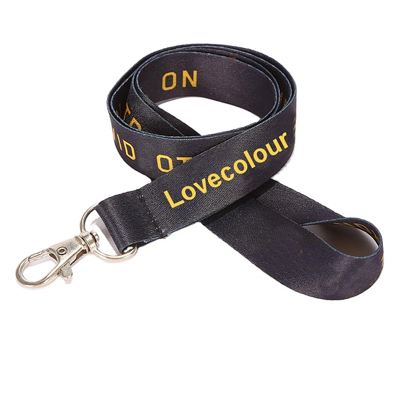 Lovecolour custom polyester material black sublimated lanyard strap with golden printing letter logo