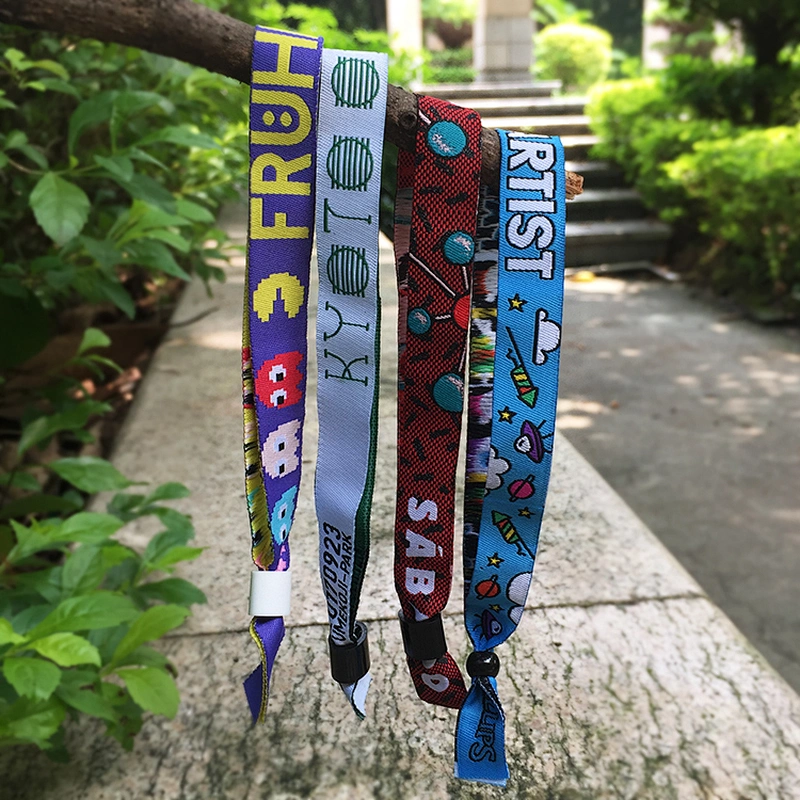 Custom brand one time use barrel lock woven fabric wristband polyester bracelet