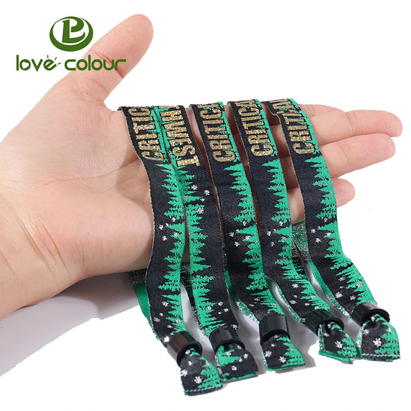 Custom your own logo slide lock polyester wrist band fabric embroidered wristbands