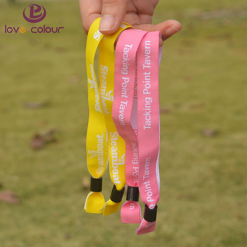 Custom brand one time use barrel lock woven fabric wristband polyester bracelet