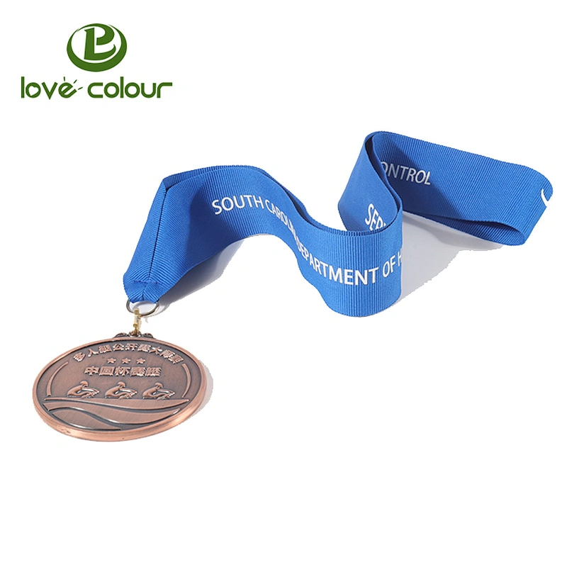 Custom silk-screen gold medal blue ribbon or lanyard