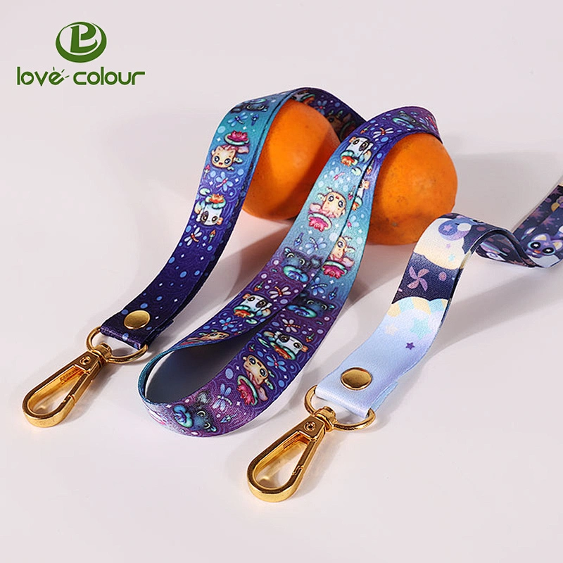 Beautiful printing polyester lanyard strap with gold metal oval hook