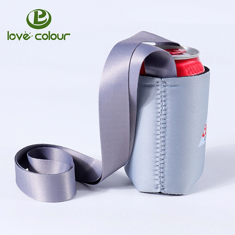 Hot selling custom neoprene blank collapsible can coolers with lanyard in grey color