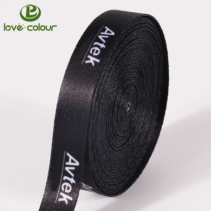 Polyester custom black ribbon heat transfer printed white logo