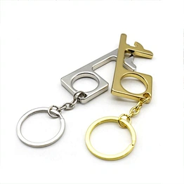 Brass Door Opener Tool with Keyring Handheld Door Closer No-Touch Door Opener Handle Key Alloy Press Elevator Tool