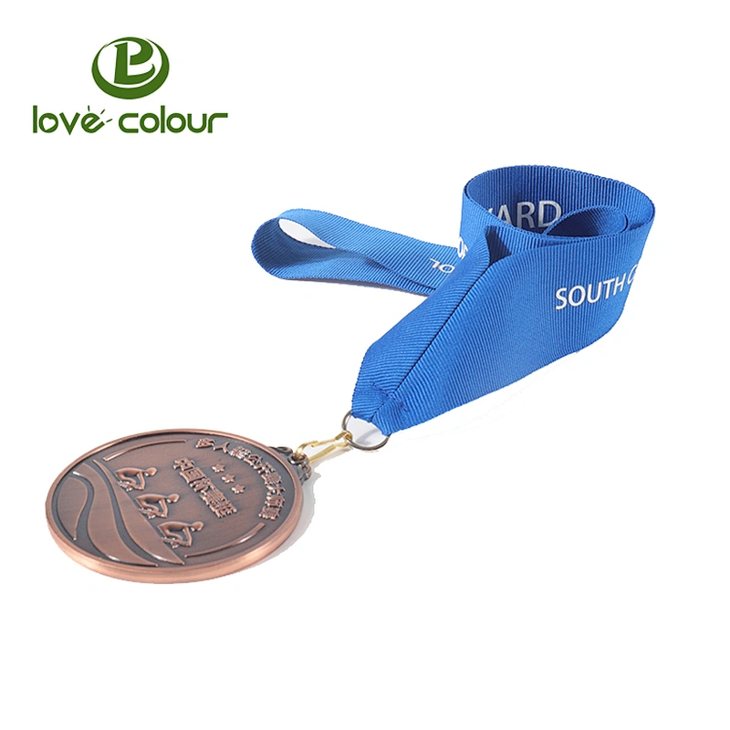 Custom silk-screen gold medal blue ribbon or lanyard