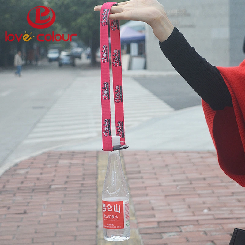 Custom polyester adjustable length lanyard with water bottle holder