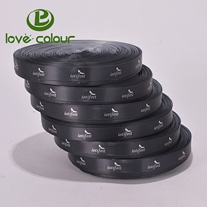 Custom polyester black satin ribbons with logo printed in white