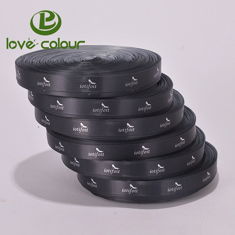 Custom polyester black satin ribbons with logo printed in white