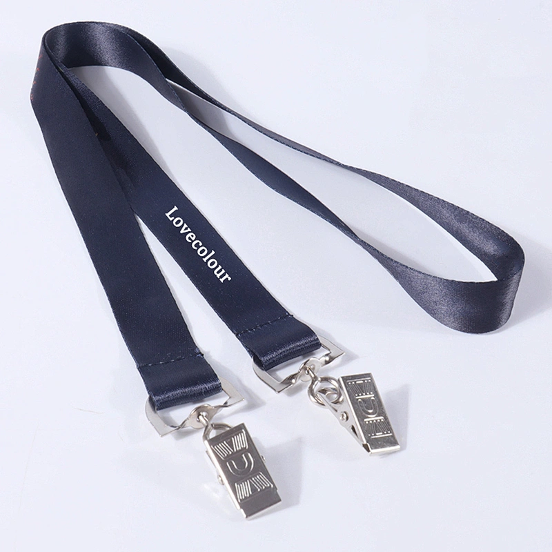 Popular black polyester sublimation custom lanyard with two clips