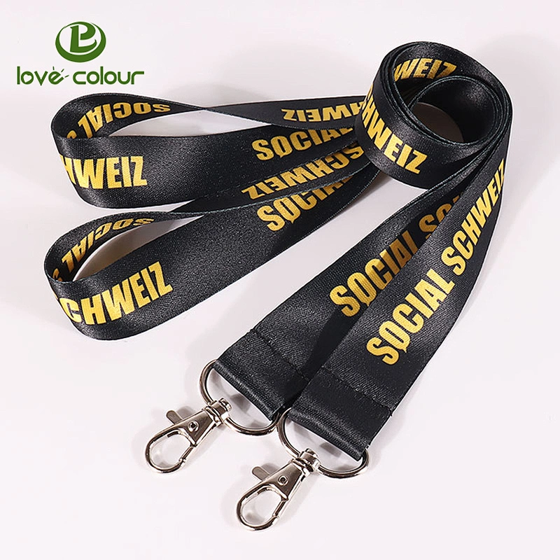 Polyester custom sublimation printing black lanyards strap with golden logo
