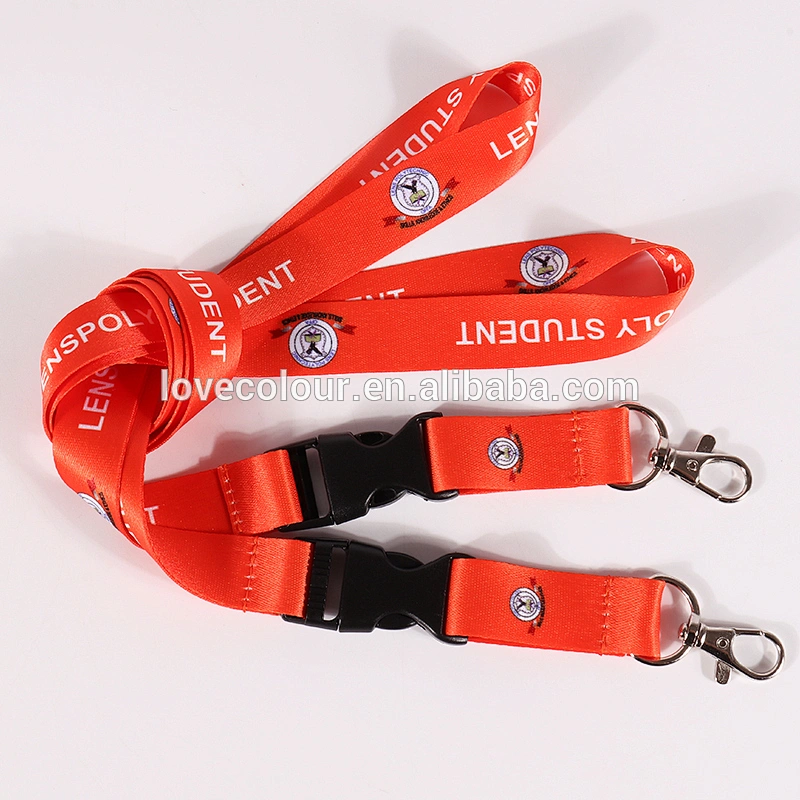 Custom red color silk screen printing polyester lanyard strap with metal hook