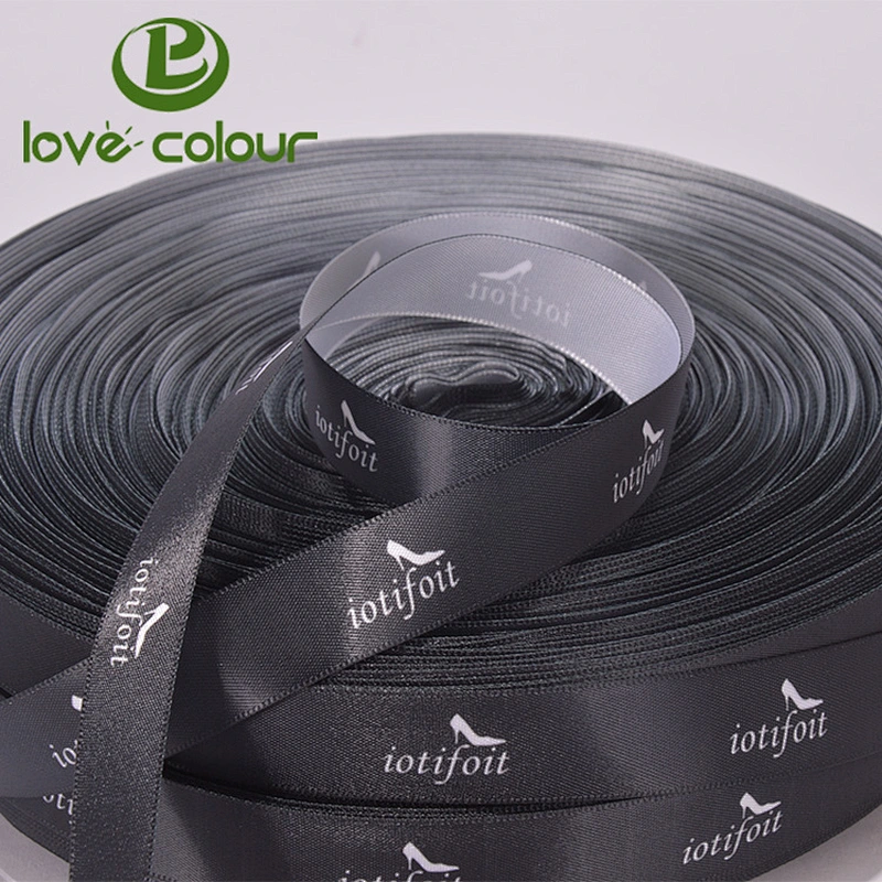 Custom polyester black satin ribbons with logo printed in white