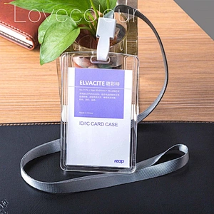 Popular design clear PVC plastic rigid badge holder with neck ribbon