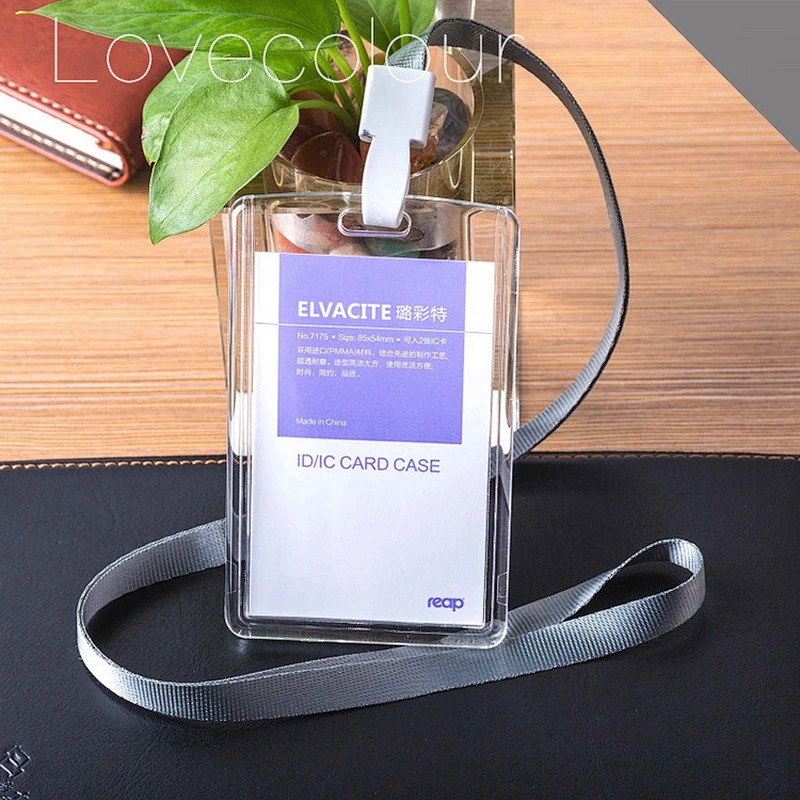 Popular design clear PVC plastic rigid badge holder with neck ribbon