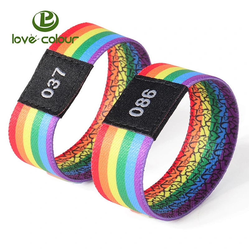 Fashion polyester rainbow elastic fabric wristbands with number for events