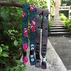 Custom brand one time use barrel lock woven fabric wristband polyester bracelet