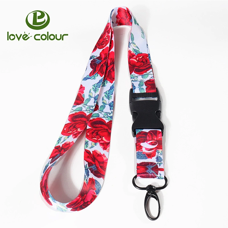 Custom red color silk screen printing polyester lanyard strap with metal hook