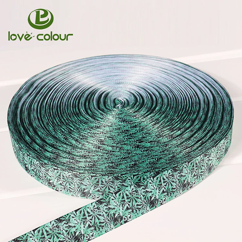 Custom polyester cloth ribbon in green with printed logo in white