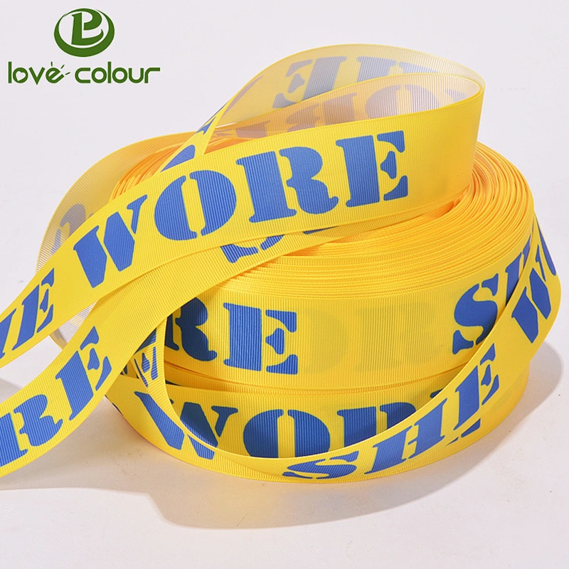 New design polyester yellow color print your own logo 75mm grosgrain ribbon
