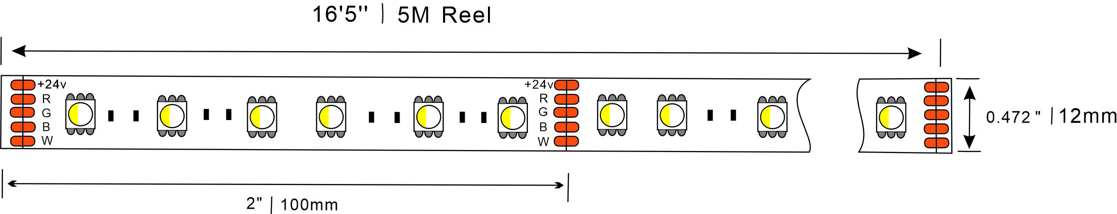 5050 RGBW 24V led strip Dimensions
