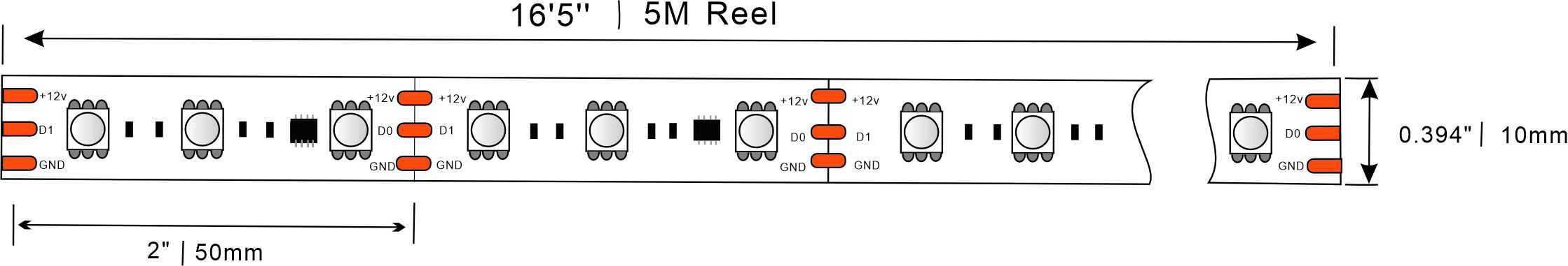 ws2811 colour changing led strip 12V 30LEDsm Dimensions